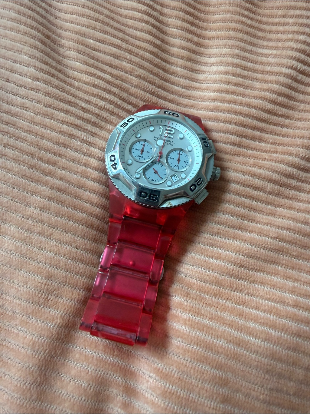 Pink Transparent Fossil Silver Dial Chronograph Watch